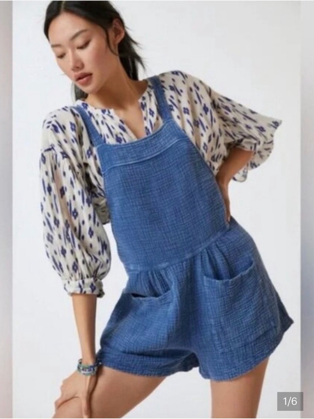 Anthropologie LABIZ Women’s Blue Gauze One-Piece Romper with Pockets